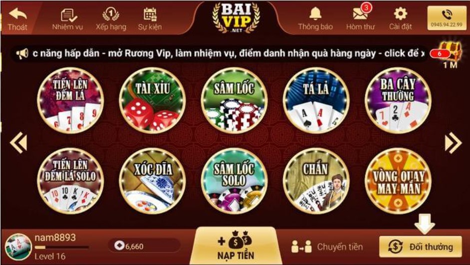 Giao diện của cổng game Baivip